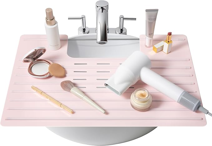 Maplefield Foldable Silicone Bathroom Sink Cover - Extra Counter Space Vanity Mat - Heat-Resistant Bathroom Sink Topper - Large, Rose Pink, 22 x 2 x 2 in