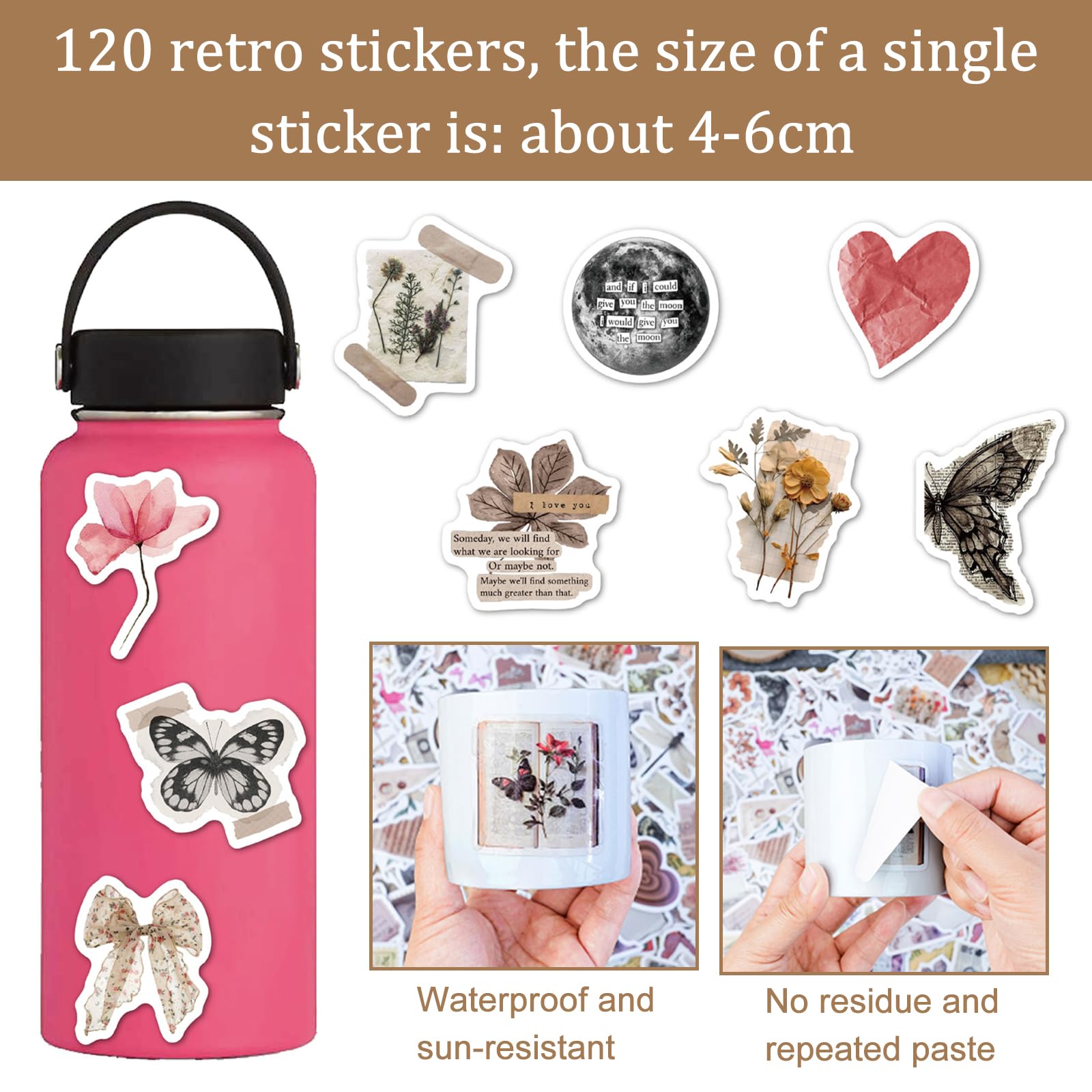 HTTDSLF 100 Pezzi Adesivi Vintage, Adesivi Scrapbooking, Vintage Adesivi, Stickers Aesthetic, Stickers Journaling, per Bottiglia d'acqua, Laptop, Album di Ritagli, Diario