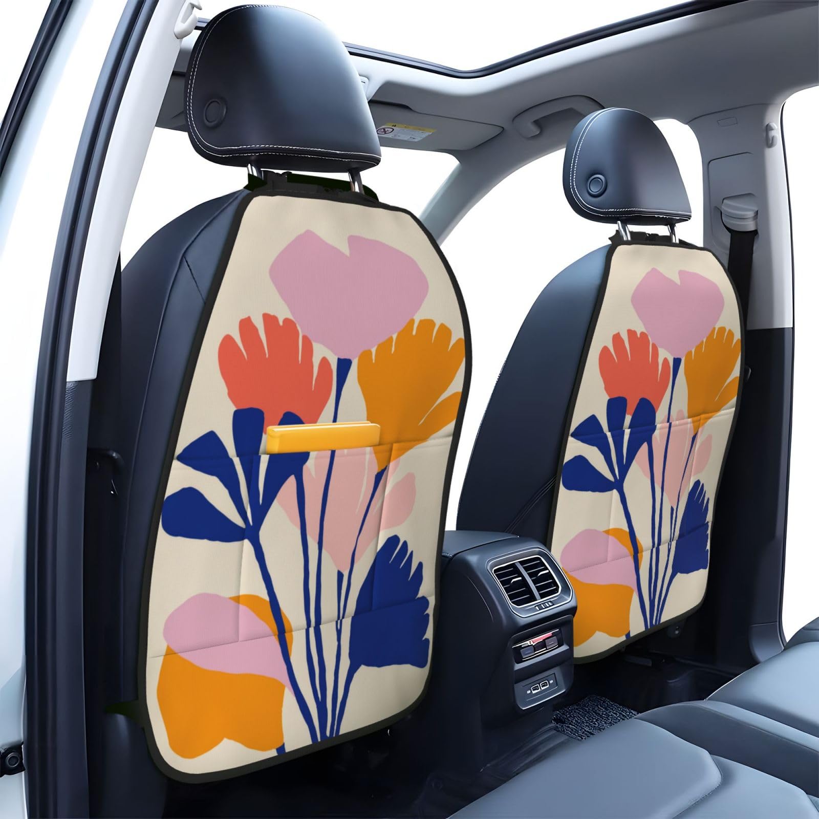 Colorful Flower Floral Cutouts Boho Car Seat Back Kick Protectors,2 Pack Kick Mats With Storage Pockets For Vehicles To Protect From Dirt Mud Scratches