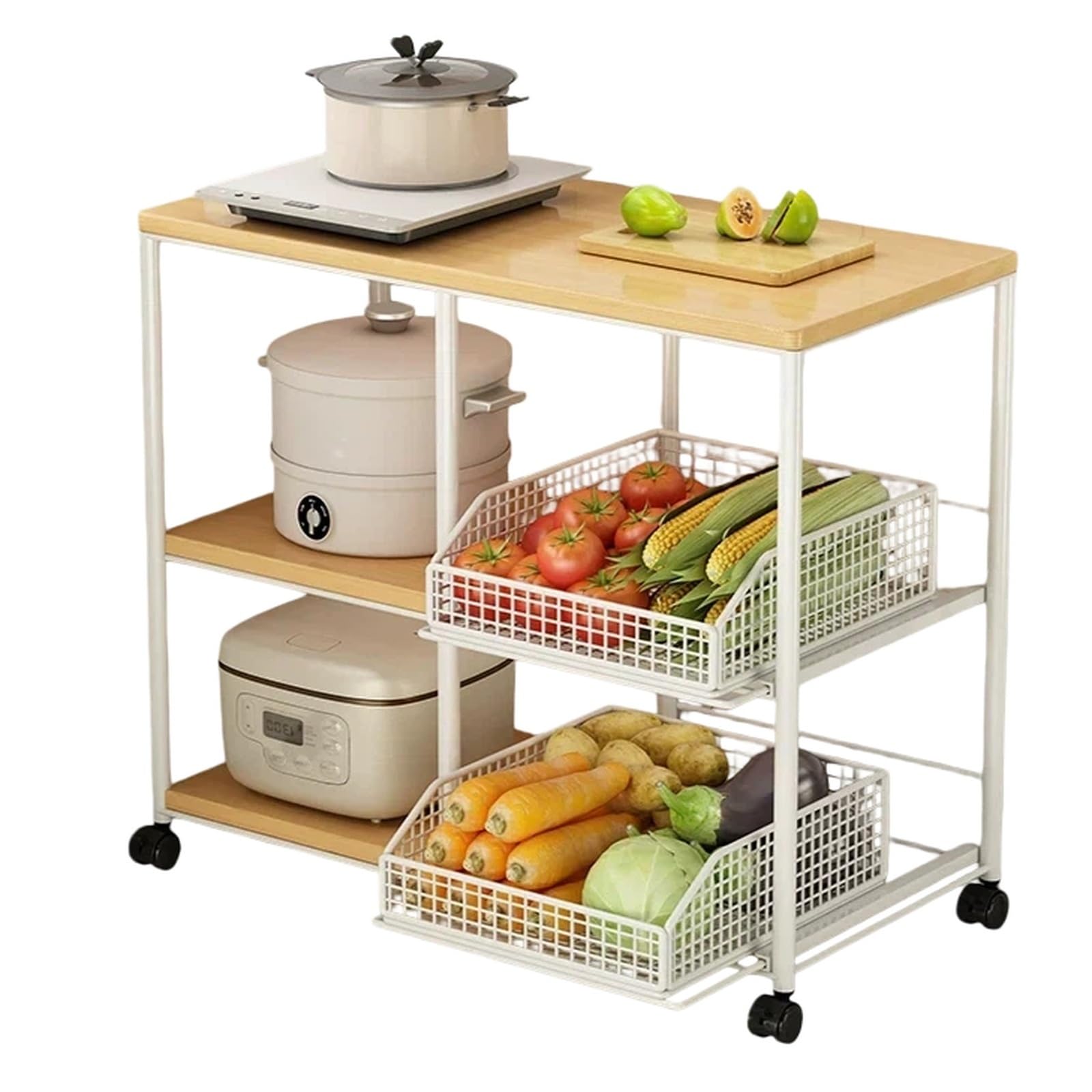 FZL02068LM Kitchen Trolley Rolling Kitchen Storage Cart Pot Rack and Vegetable Basket Organizer Shelf(White)