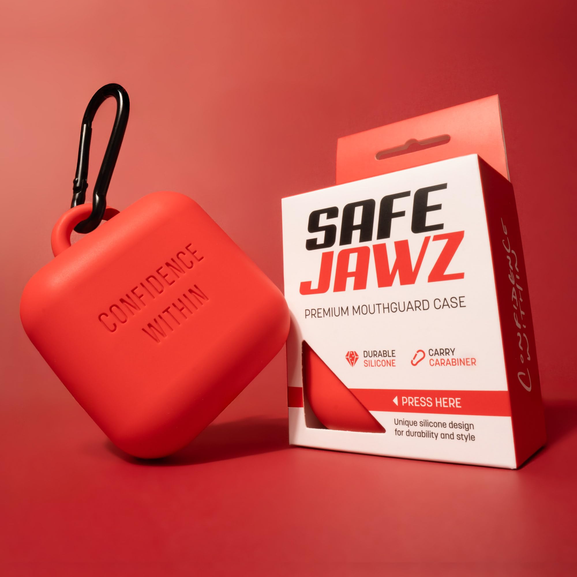 Custodia per paradenti SAFEJAWZ Premium con moschettone. Design unico in silicone resistente e flessibile per mantenere gli schermi gengivali protetti, sicuri/puliti. taglia unica. (Rosso)