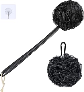 VANZAVANZU Loofah Sponge Set Loofah Exfoliating Body Scrubber, Anti-Slip Plastic 17" Handle Loofah on a Stick with Fluffy Shower Sponge, PE Soft Mesh Shower Loofahs-Black