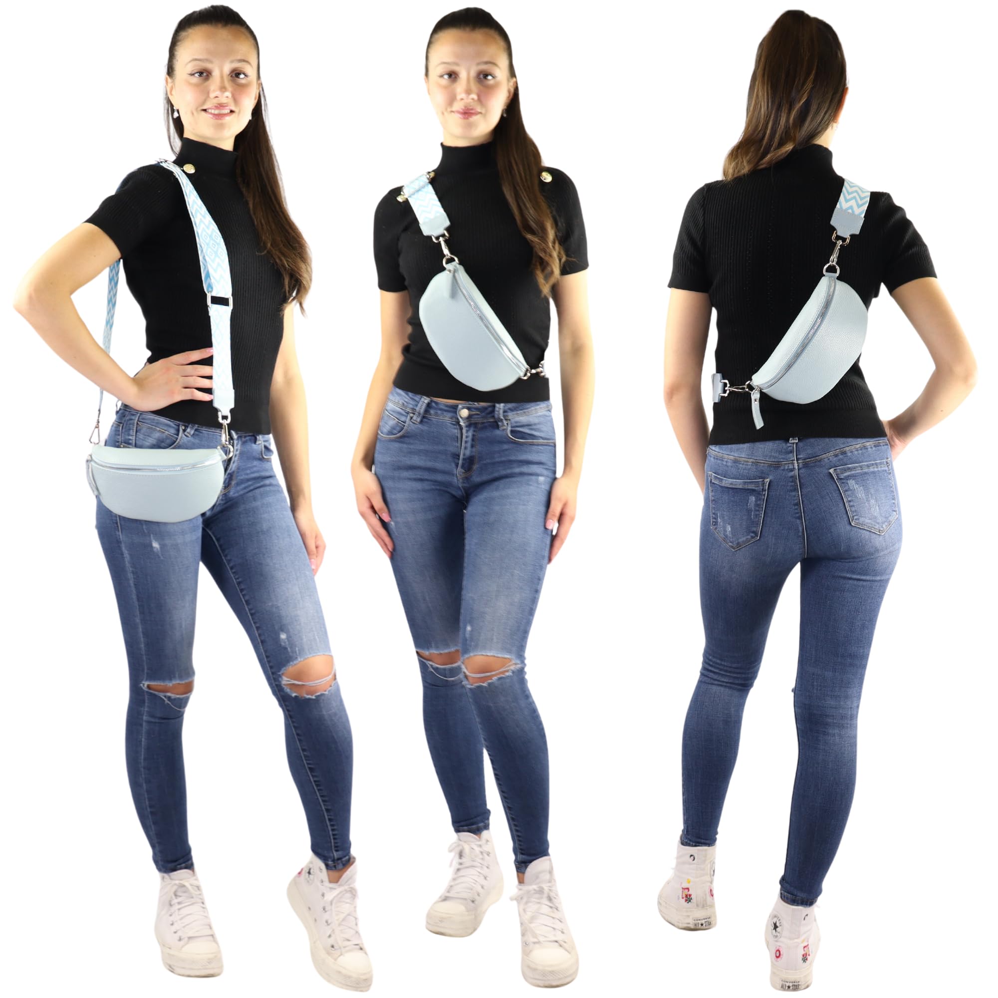 Blade Marsupio da donna in vera pelle, elegante marsupio, da donna, con 2 motivi e pelle staccabili e regolabili, tracolla da donna, tasca sul petto di alta qualità per donne, Blu chiaro-2, m,