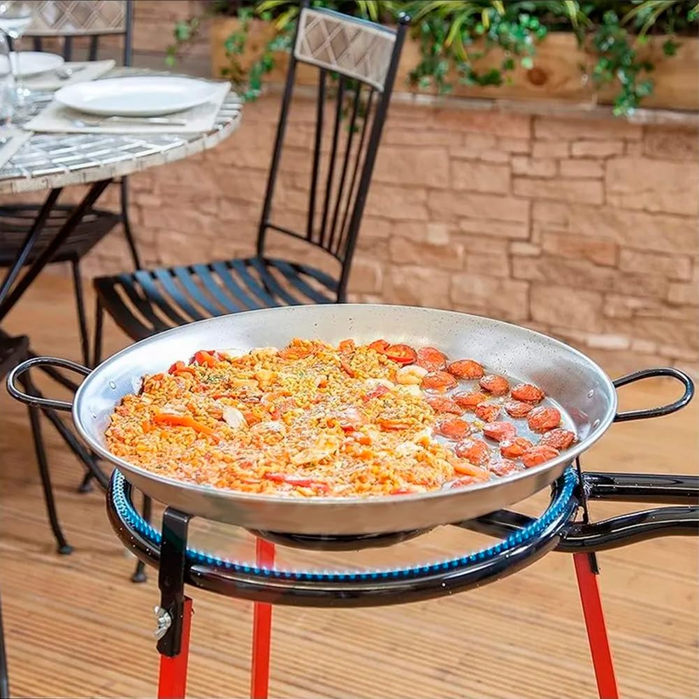 Genérico Set Paella completo. Paellero 40 cms + Paellera acero 46 cms + Soporte patas + kit toma de Gas. Piña+manguera+bridas. Solo faltan los ingredientes!!