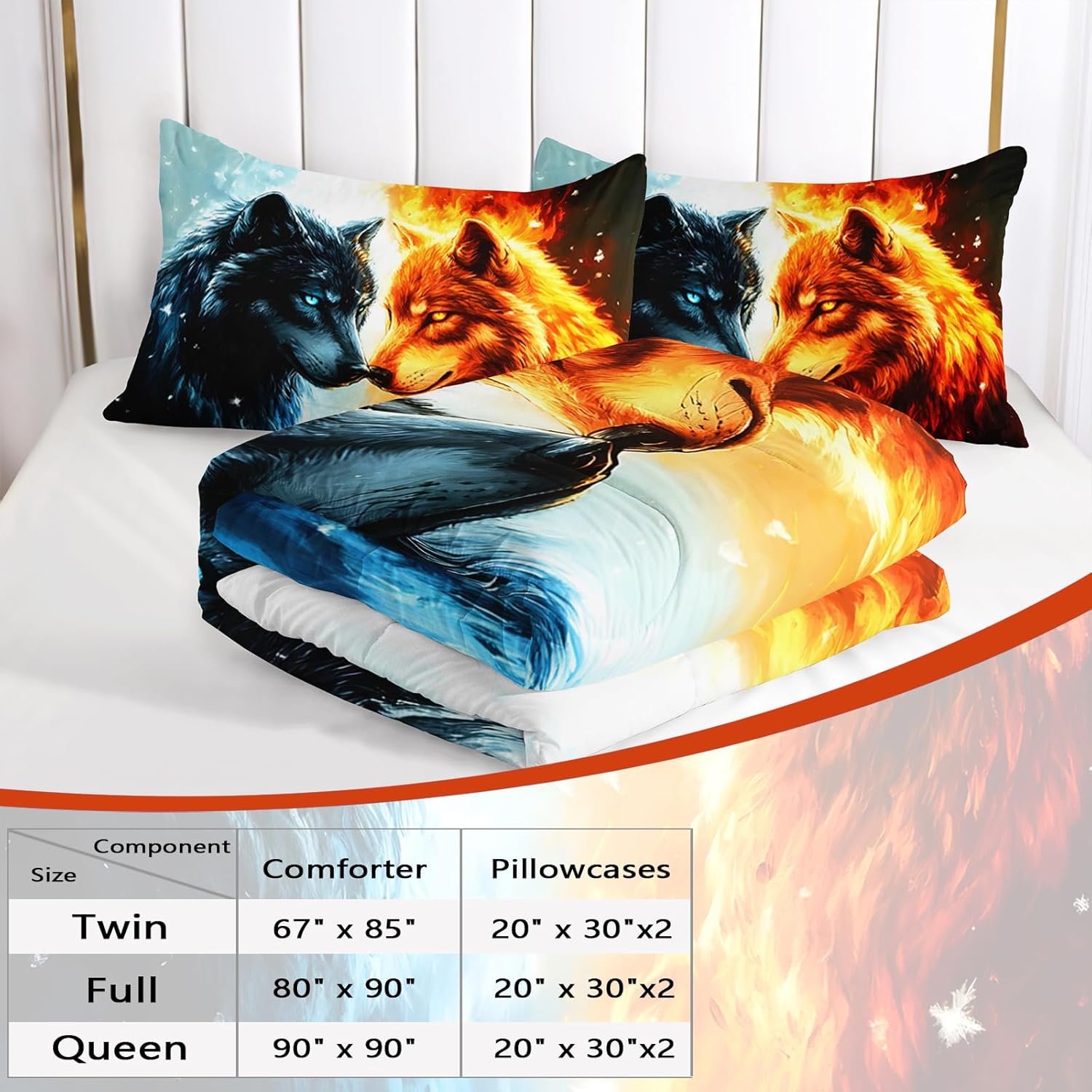 AILONEN Wolves Head Print Bedding Set for Boys, Queen Size Fire Wolf Comforter with 2 Pillowcases,Soft Microfiber 3 Pieces