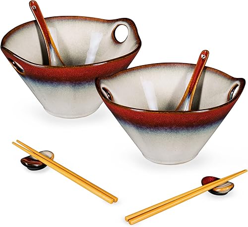 HENXFEN LEAD Juego de 2 Tazones Japoneses para Fideos Ramen de 30 Oz - Tazones Grandes de Porcelana para Ensalada con Palillos, Cucharas de Sopa y
