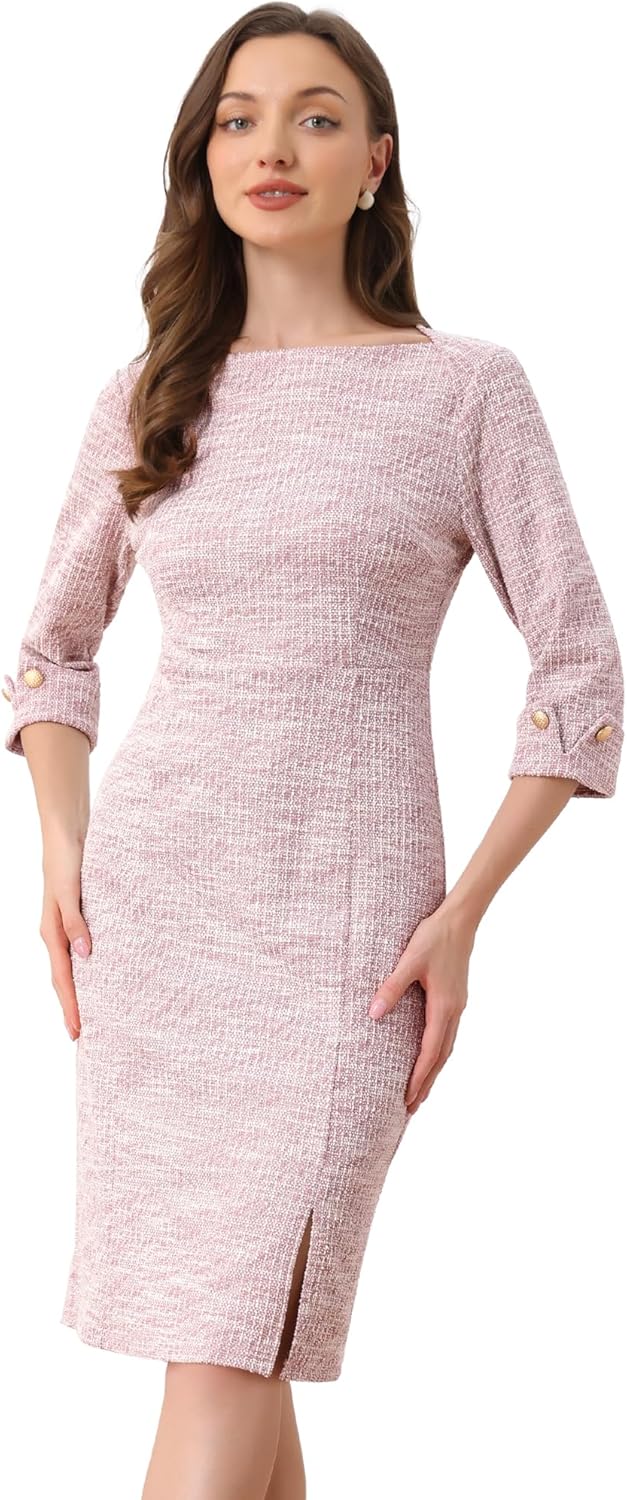 Allegra K Tweed Dress for Women's Fall Elegant Boat Neck 3/4 Sleeve 2025 Work Dress