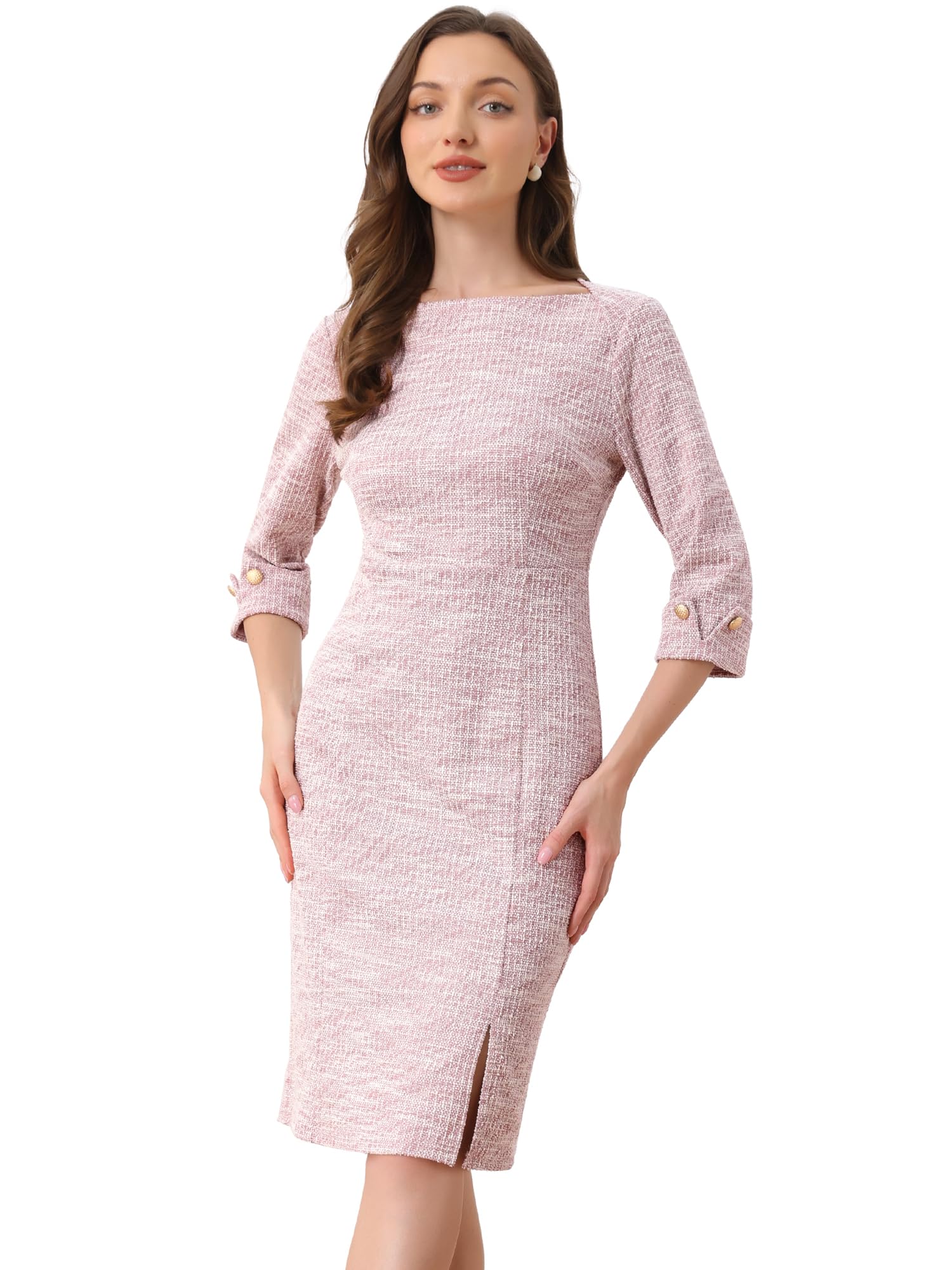 Allegra K Tweed Dress for Womens Fall Elegant Boat Neck 3 4 Sleeve 2025 Work Dress