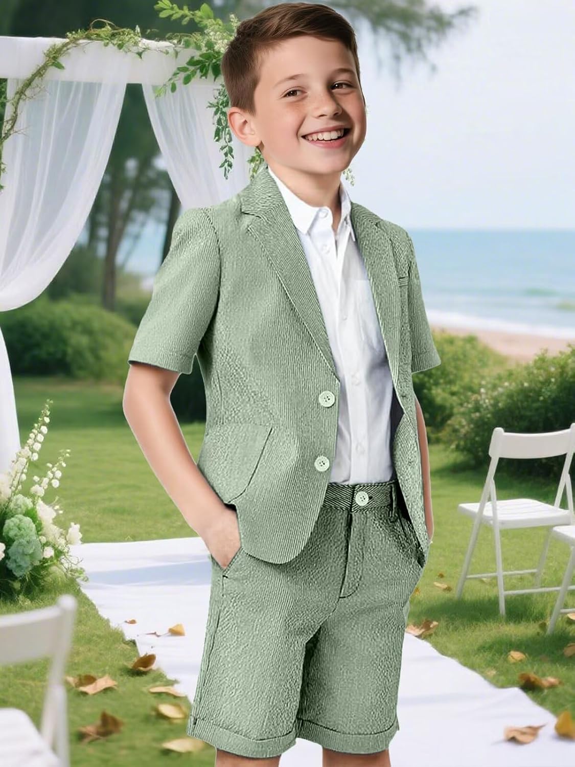 Seersucker Boys Suit 2 Piece Kids Boy Slim Fit Short Suits Summer Wedding Tuxedo Blazer Pants Set
