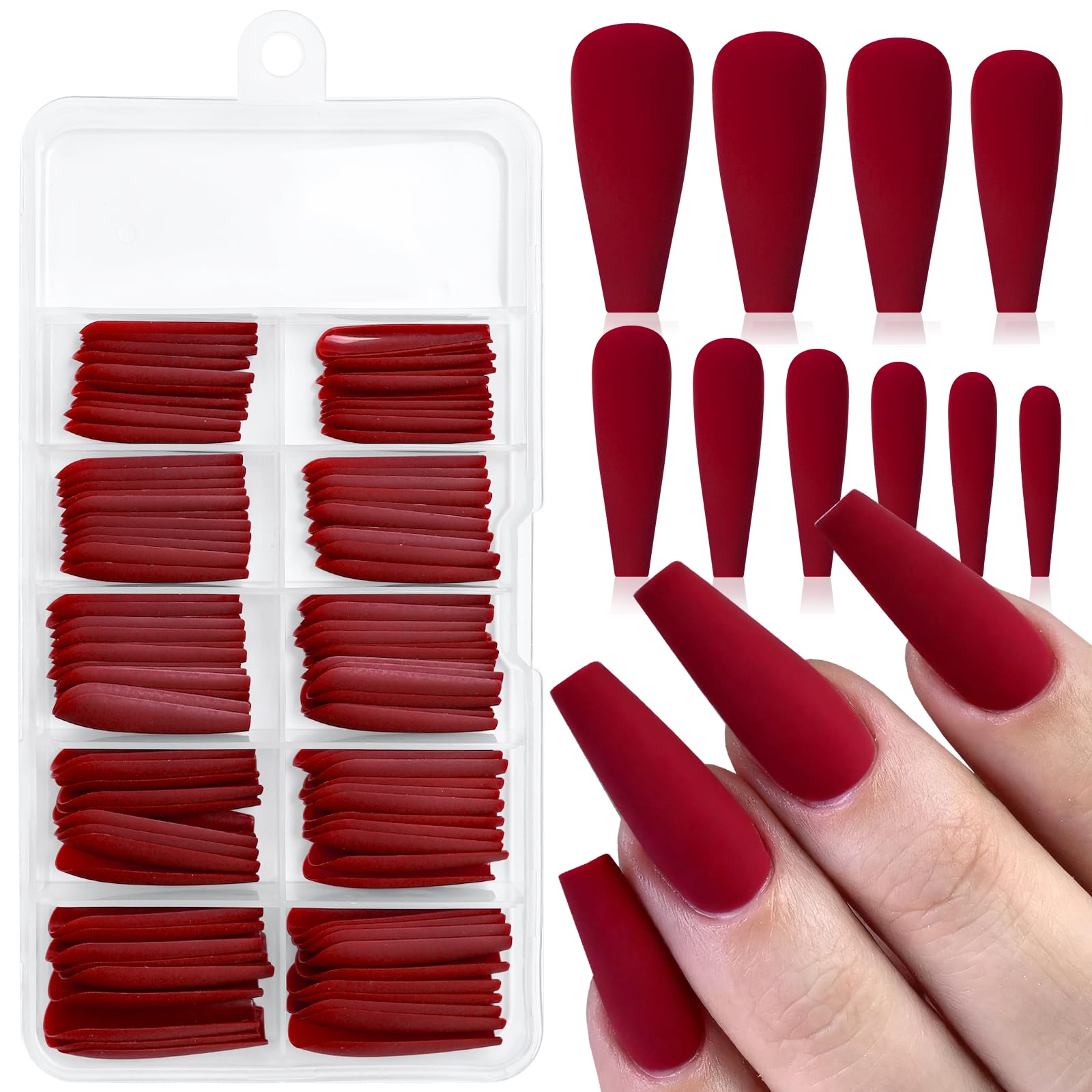 LoveOurHome 100pc Coffin Press on Nails Long Fake Nails Matte Full Cover False Nails Press ons Artificial Nail Medium Ballerina Fake Fingernail Wine