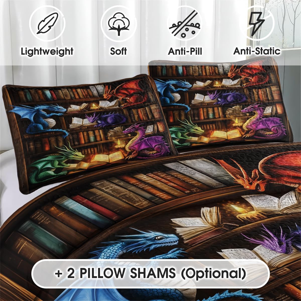 Personalized Book Dragon Quilt Bed Set, Dragon Quilted Blanket Bedding Set - Dragon Bedding Set Twin Set Dragon Bookshelf Decor Dragon Lover Gift (Colorful Dragon, Throw/Twin/Queen/Full/King)