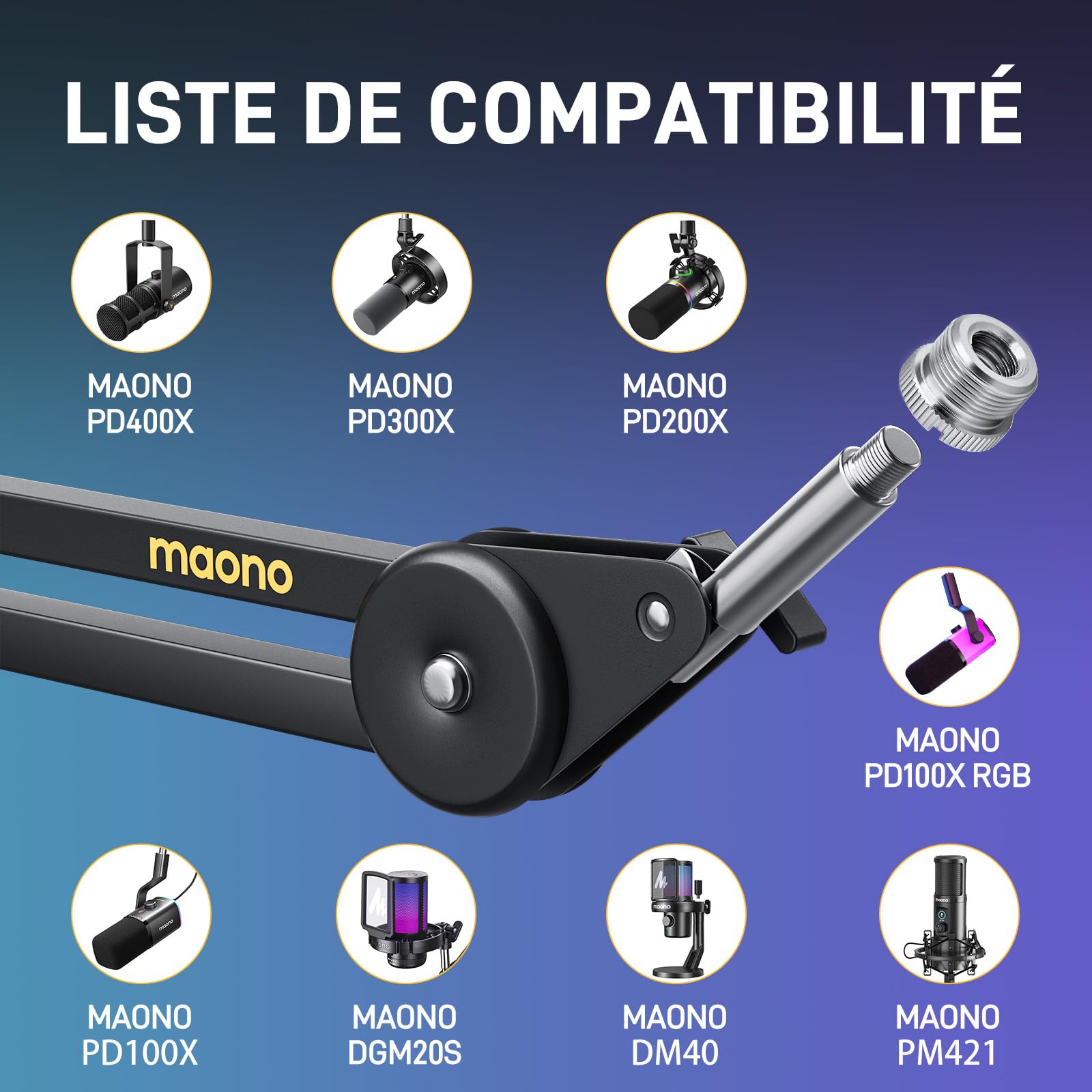 MAONO Bras micro BA37 noir - Support réglable avec adaptateur 3/8 à 5/8 pouces. Compatible Blue Yeti, HyperX QuadCast/SoloCast, Elgato Wave, FIFINE. Idéal podcast, streaming et gaming