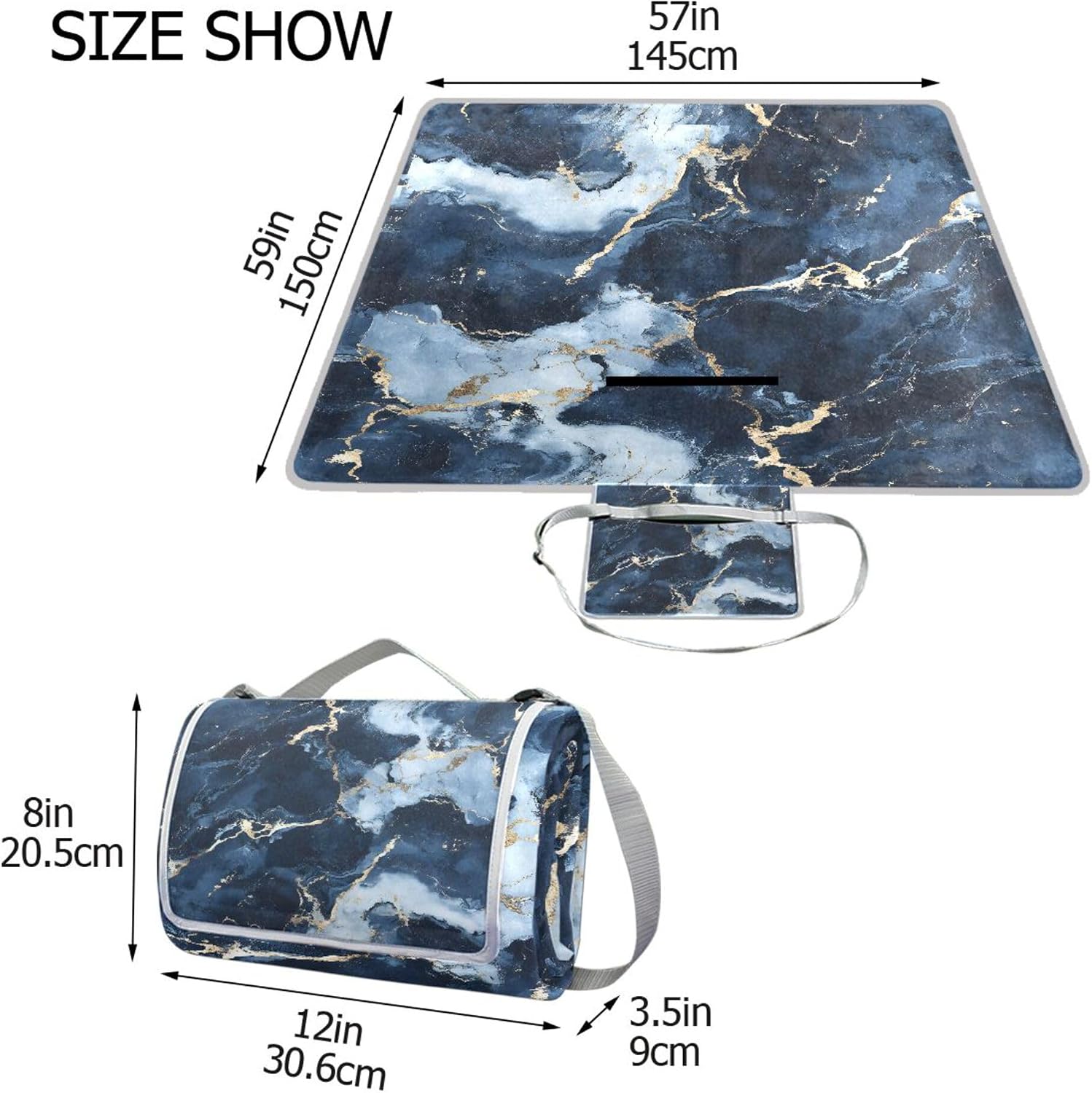 Picnic Blanket Waterproof Foldable, Dark Marble Large Outdoor Picnic Blanket Beach Blankets Camping Blanket Travel Mat, Shoulder Strap Tote, Rectangle 57x59in