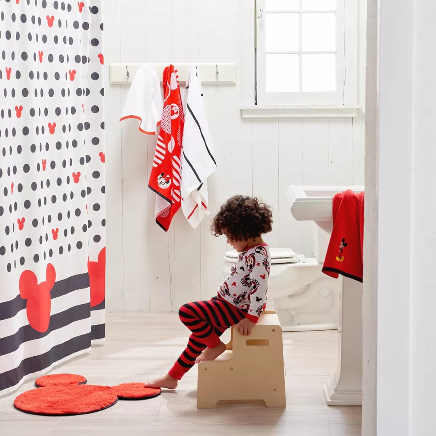 Cute Mouse Head Shower Curtain - Red and Grey Deco Dot Cartoon Shower Curtain Set - Fabric Waterproof Polyester Bathtub Decor 12 Plastic Hook,72x72in