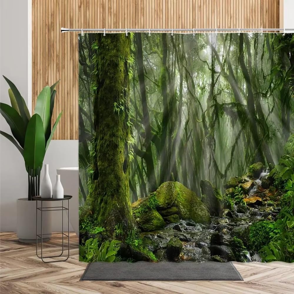 Rideau de douche imperméable forêt 90x170 cm avec arbres verts pour salle de bain