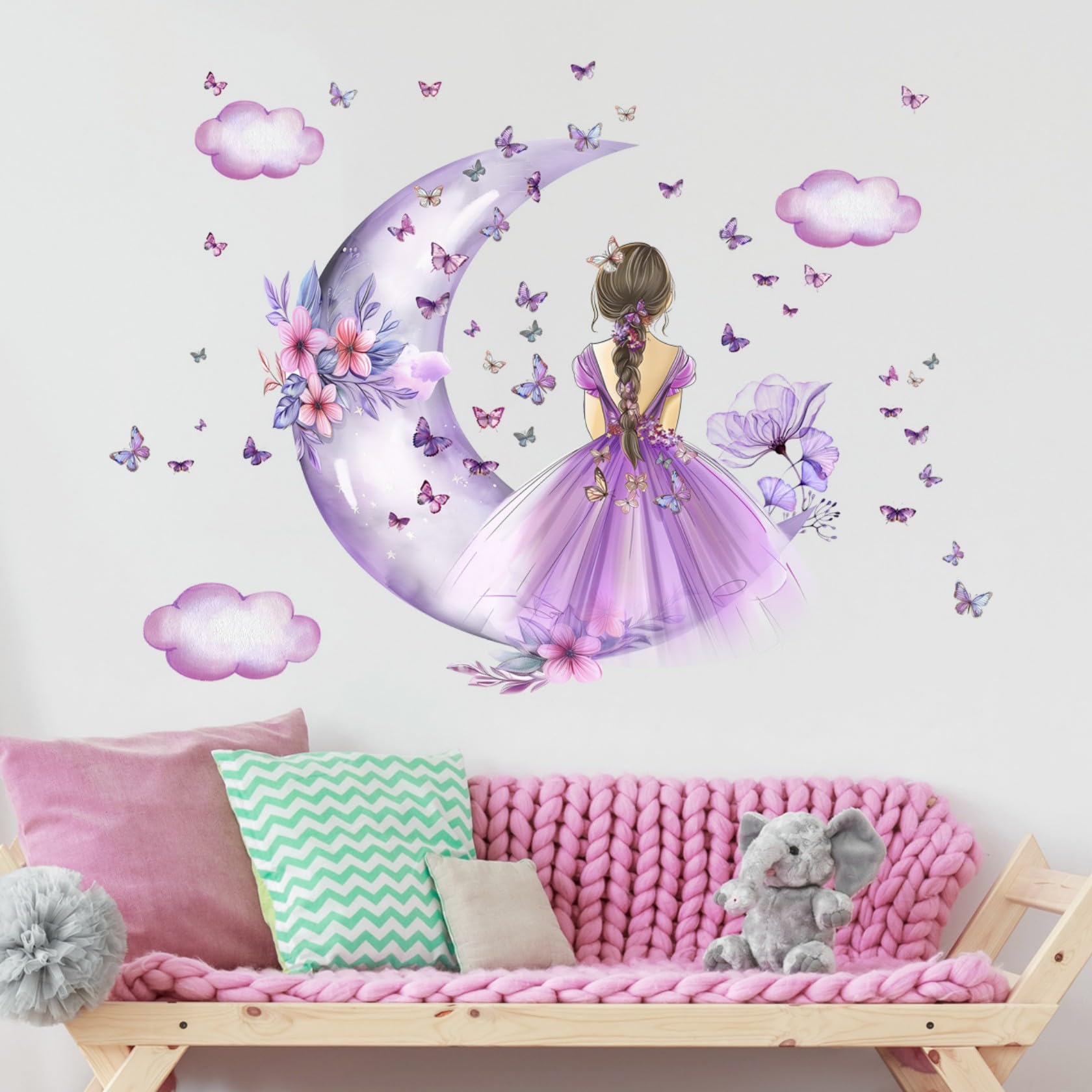 Lekabee Butterfly Girl Wall Sticker,Moon Clouds Flower Fairy Wall Decal,Floral Wall Mural Butterflies Wall Art for Girls Baby Nursery Bedroom Playroom-Purple - Image 4