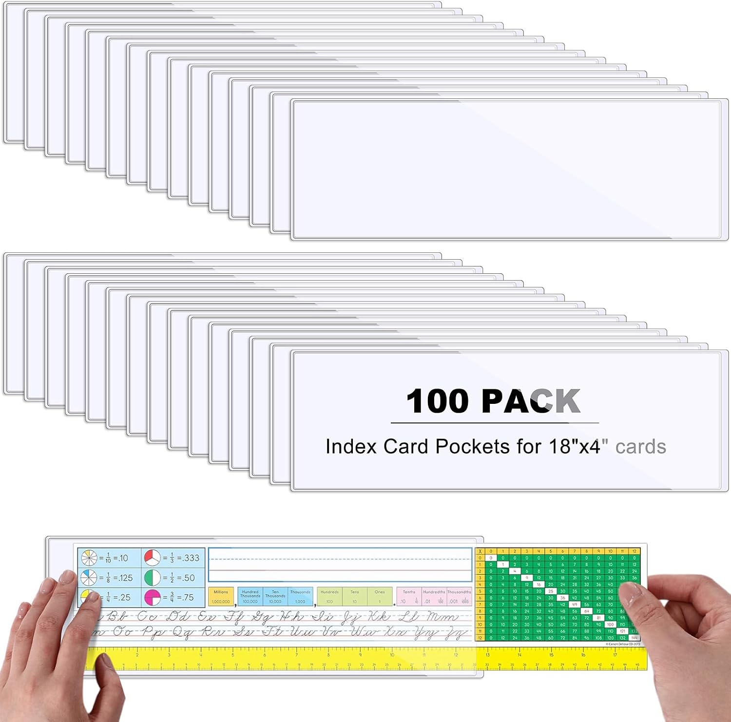 Outus 100 Pcs Nameplate Pocket, 18 x 4 Inch Self Adhesive Thick Clear Name Tag Sleeves, Plastic Index Card Holder with Top Openfor Classroom Desks, Office Supplies, Storage Bins Labels
