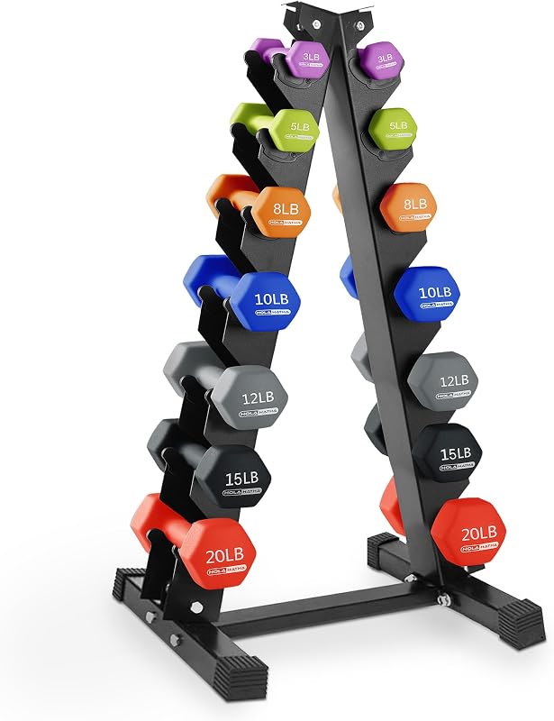 HolaHatha Juego de pesas para entrenamiento de fuerza con mancuernas de neopreno de 1, 2 y 3 lb con estante