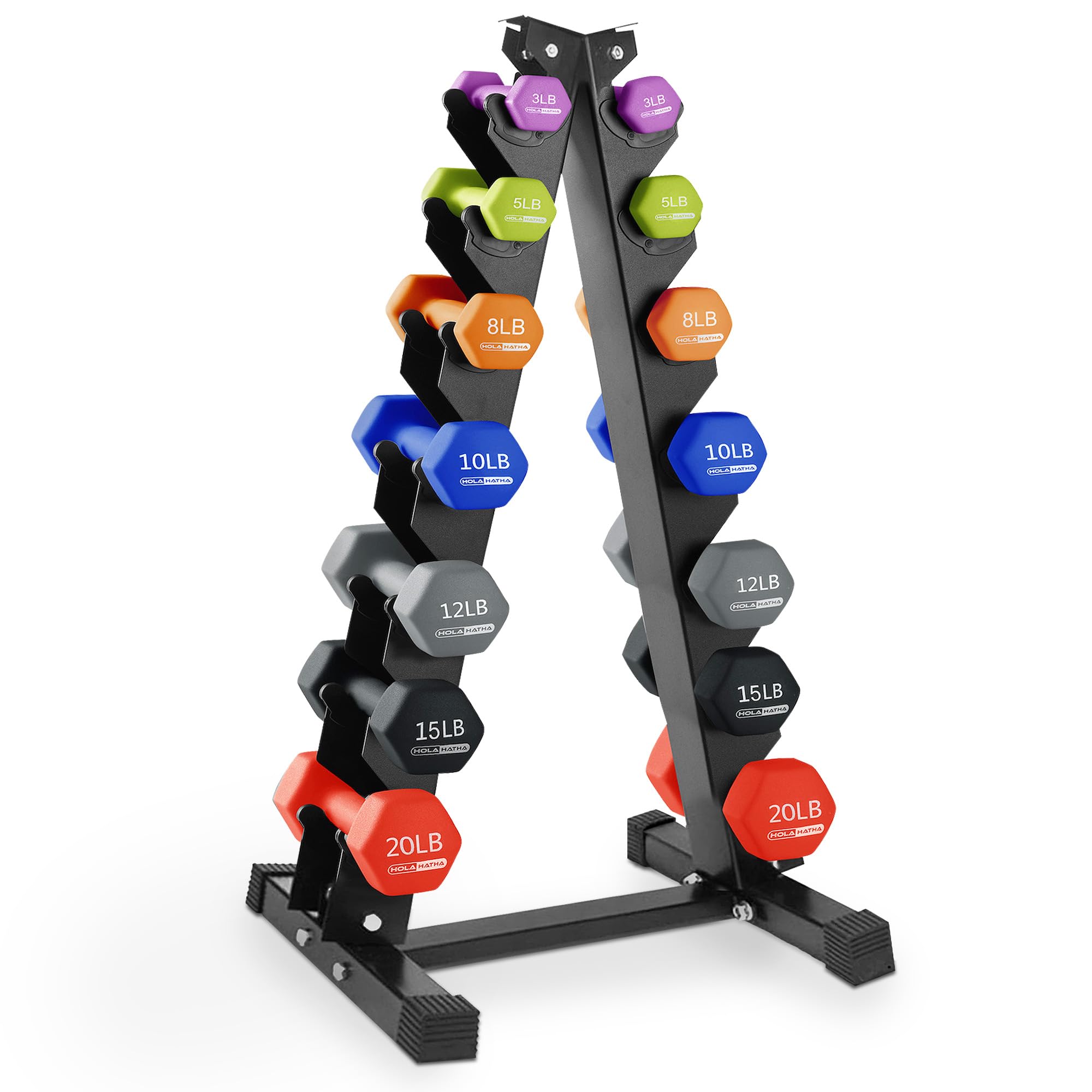 HolaHatha 2 3 5 8 and 10 Pound Neoprene Dumbbell Free Hand Weight Set with Rack Ideal for