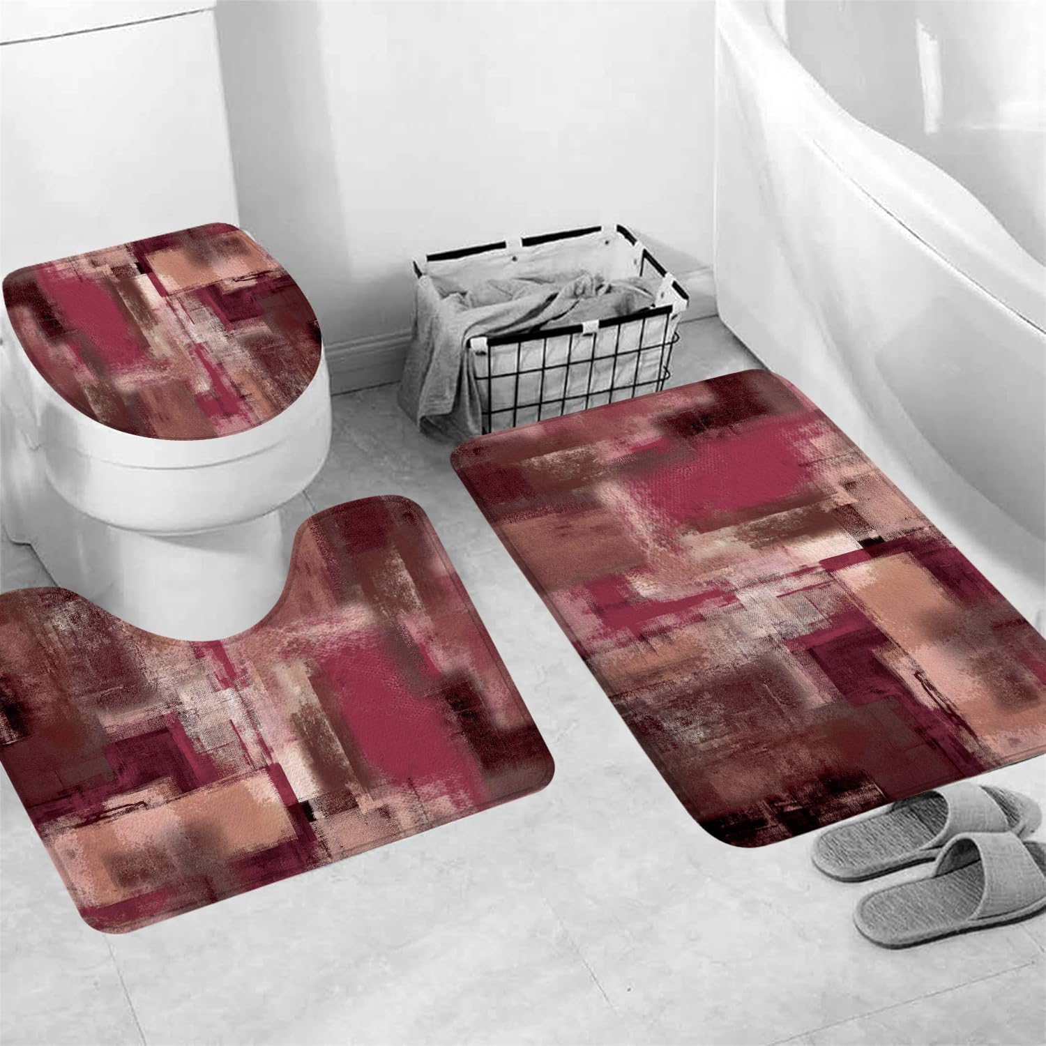 4Pcs Burgundy Red Abstract Shower Curtain Sets Non-Slip Bath Rugs, Toilet Lid Cover and Bath Mat, Modern Art Grey Painting Bathroom Curtains with 12 Hooks image 4