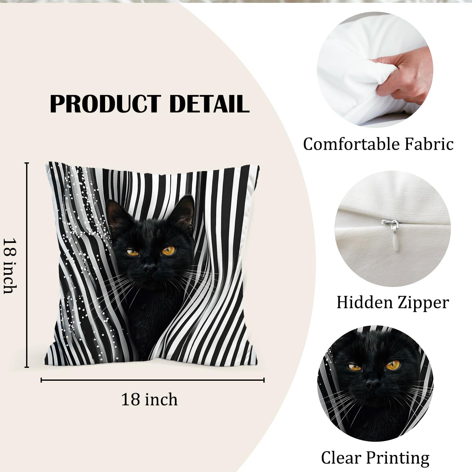 Black Cat Pillow Cover 18x18 Inch, Striped Throw Cushion Case for Couch Sofa Bedroom Decor, Cute Modern Animal Print Home Accent, Gifts for Cat Lovers Women Men Friends image 5