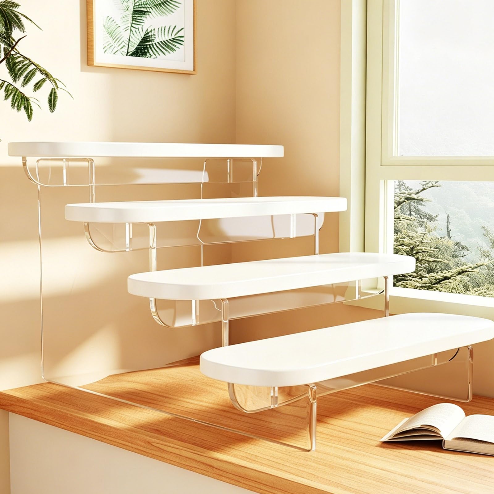 LYFHYSDSP Modern White 4-Tier Acrylic MDF Display Stand, 40×30×23cm Ladder Storage Rack, Step Riser Shelf Organizer for Succulent Plants Collectibles Makeup(White)