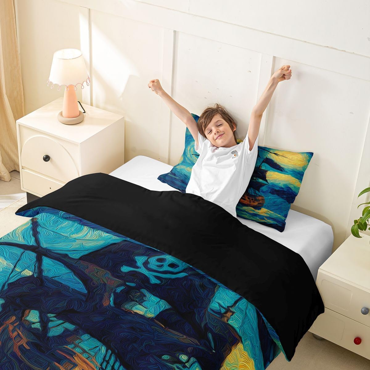 Erosebridal Nautical Sailboat Bedding Set Twin for Kids Boys - Gothic Pirate Ship Duvet Cover Abstract Watercolor Wave Starry Comforter Cover,Mysterious Nautical Adventure Bed Set