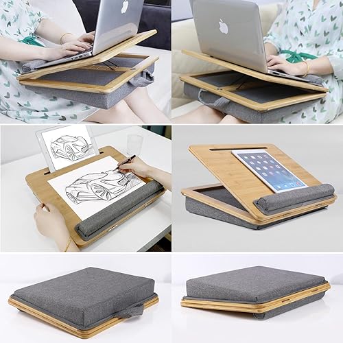 Miniatura 6 de Escritorio ajustable para laptop con cojín, soporte de bambú para laptop con tira antideslizante, soporte para teléfono y tableta, se adapta a hasta