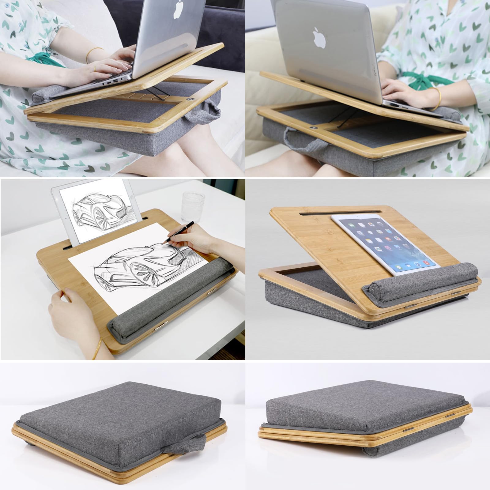 Adjustable Lap Desk for Laptop with Cushion Bamboo Laptop Stand with Anti-Slip Strip Tablet Phone Holder Fits up — view 6
