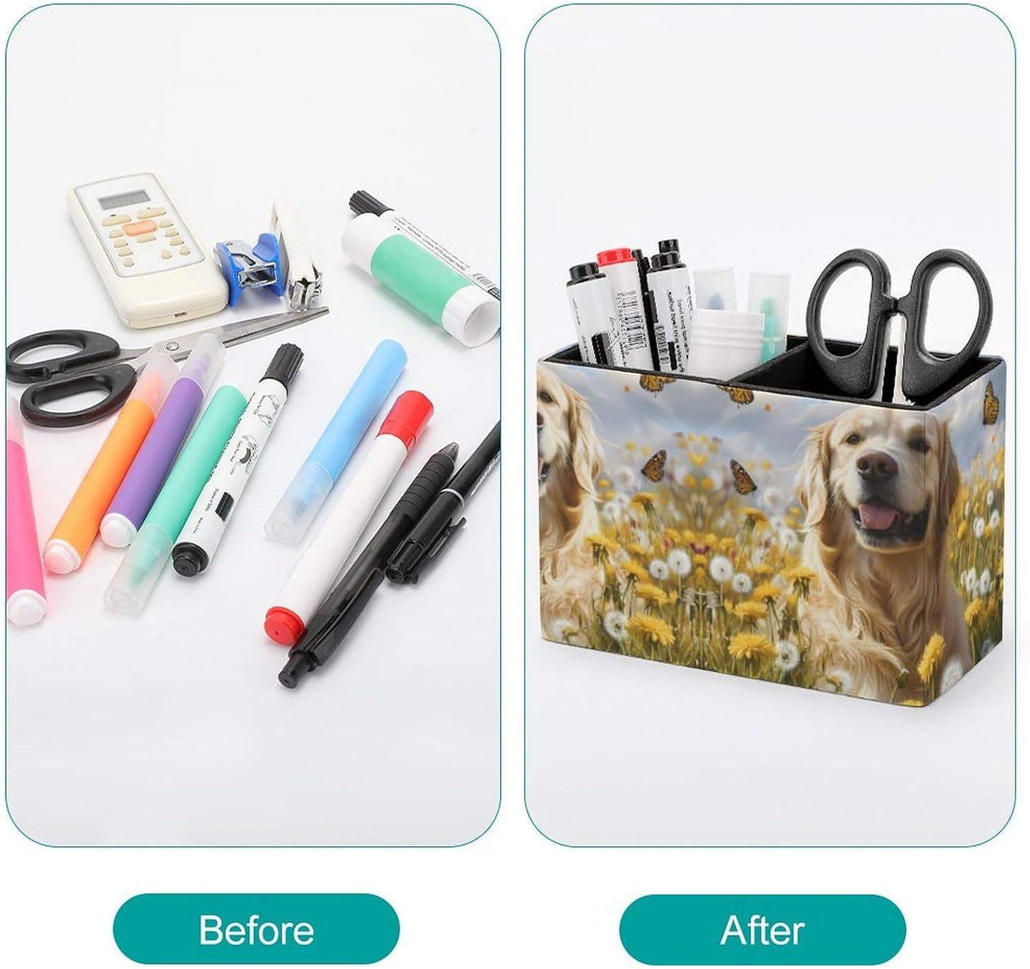 Retriever Dog Cute Dogs Pencil Pen Holder PU Leather Desk Storage Organizer Makeup Brush Box