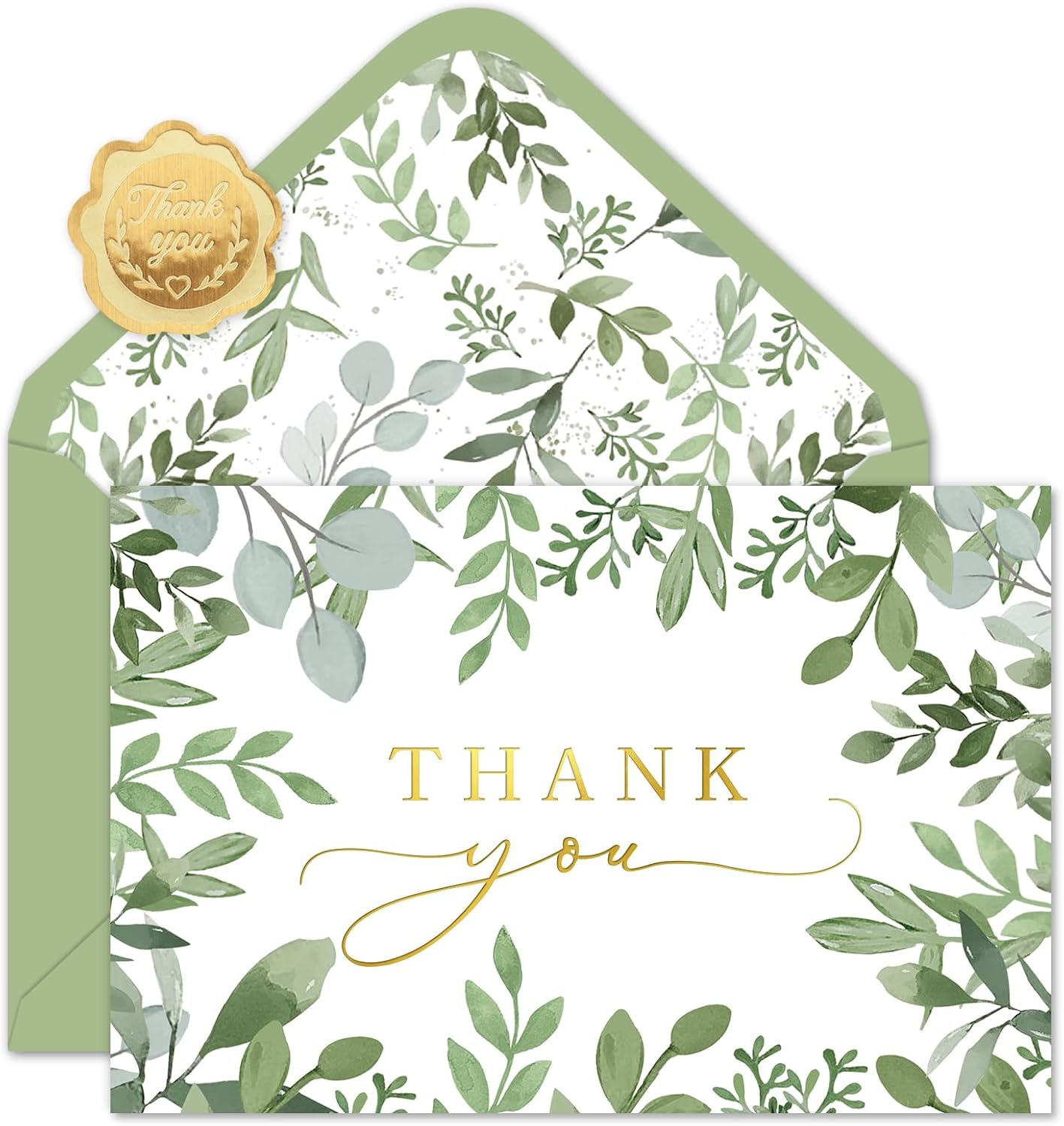 Whaline 50 Pack Greenery Thank You Cards Boxed Green Eucalyptus Leaves Foil Gold Thank You Note Cards with Envelopes Stickers for Wedding Bridal Shower Birthday