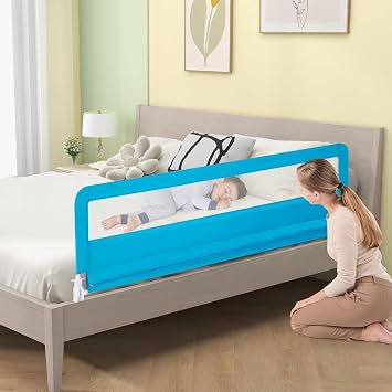 Bed Rail for Toddlers, 180CM Extra Long, Portable Safety Bed Guardrail w/Double Safety Child Lock, Foldable Baby Bed Rail Guard, Fit King & Queen Full Twin Size Bed Mattress (Blue)