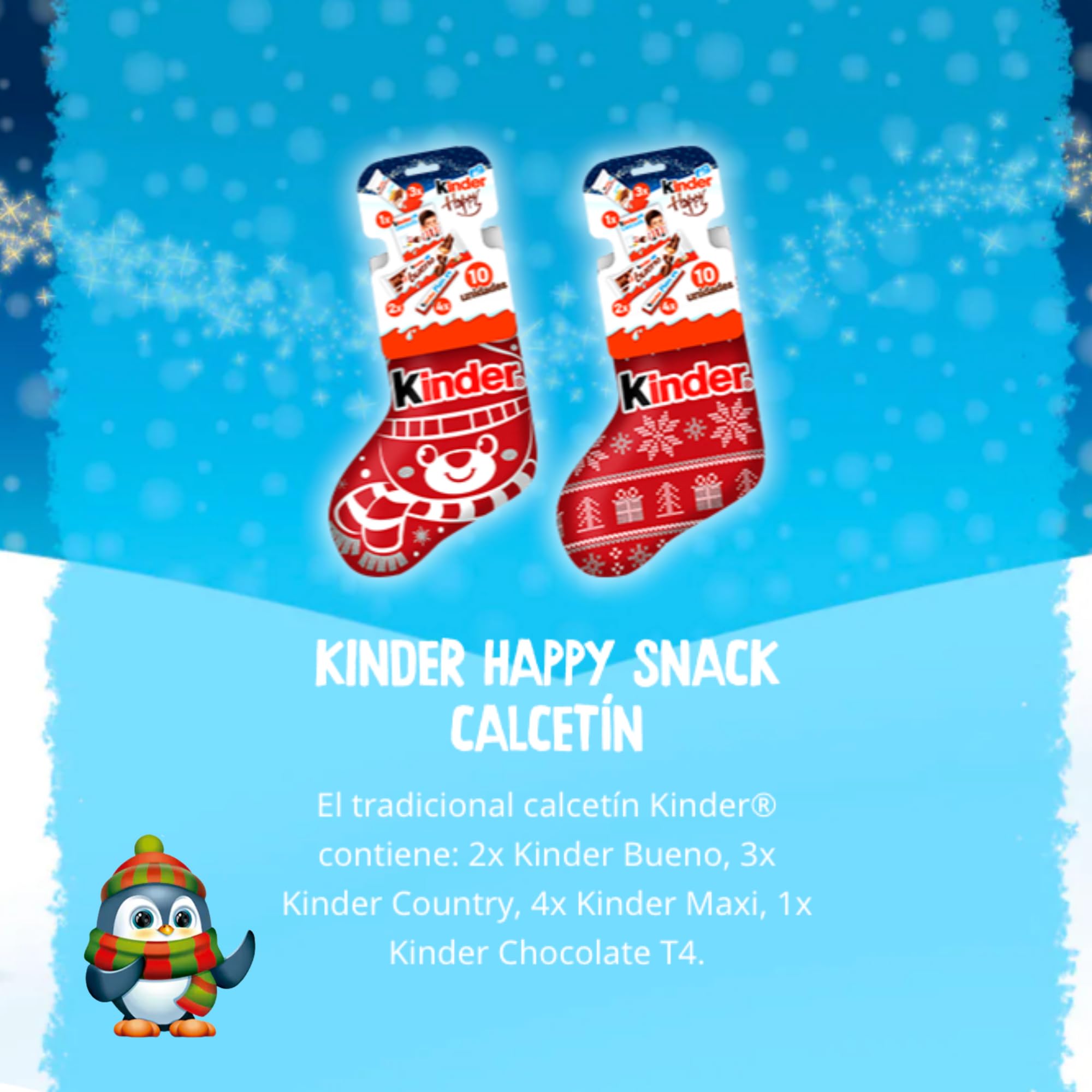Pack Kinder Happy Snack Calcetín con Chocolates + Postal Navideña + Gorro de Papá Noel, Edición especial de Navidad, Ideal para regalar