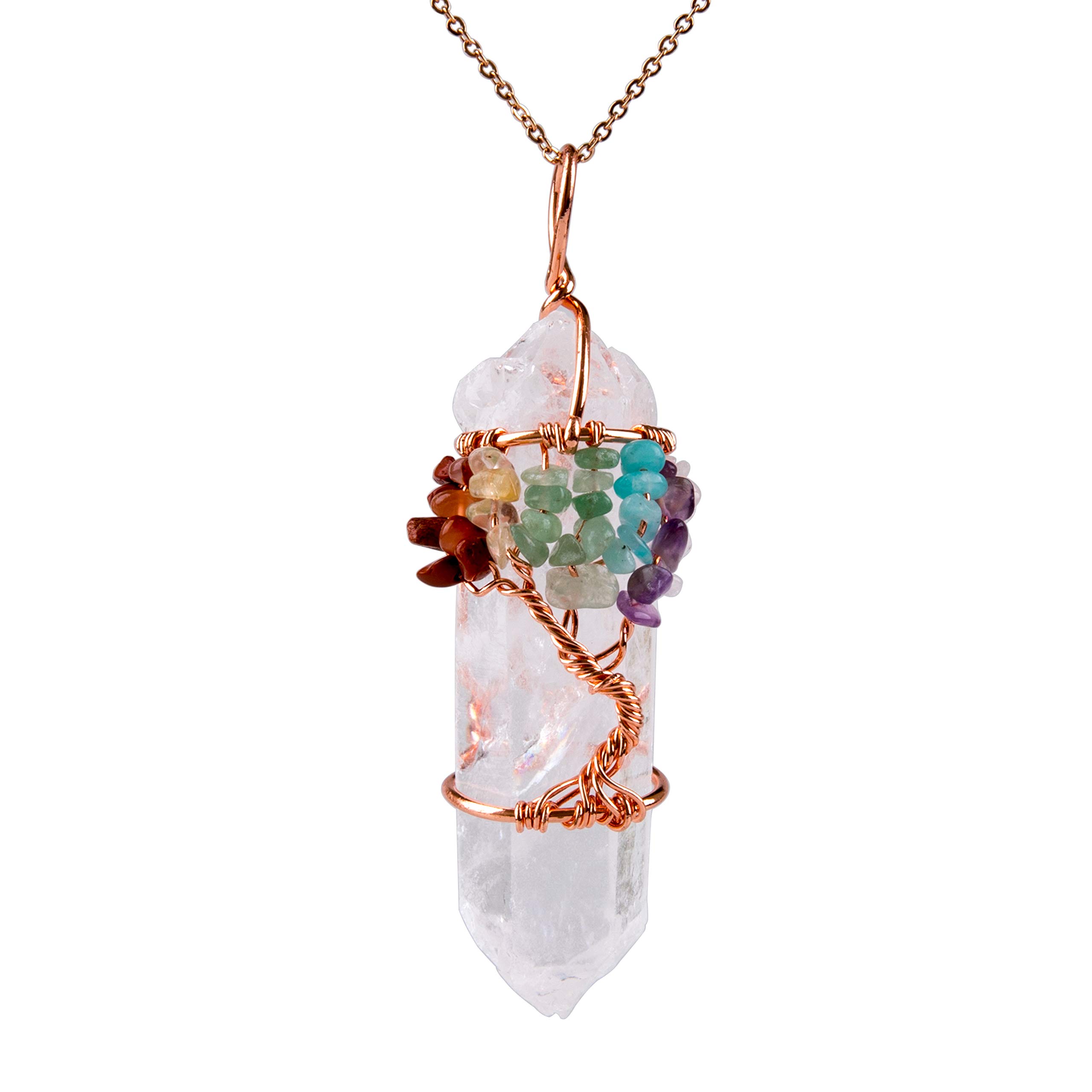 Bivei 7 Chakra Tree of Life Necklace Gemstone Copper Wire Wrap Clear Quartz Point Crystal Pendant Necklace(Clear Quartz)