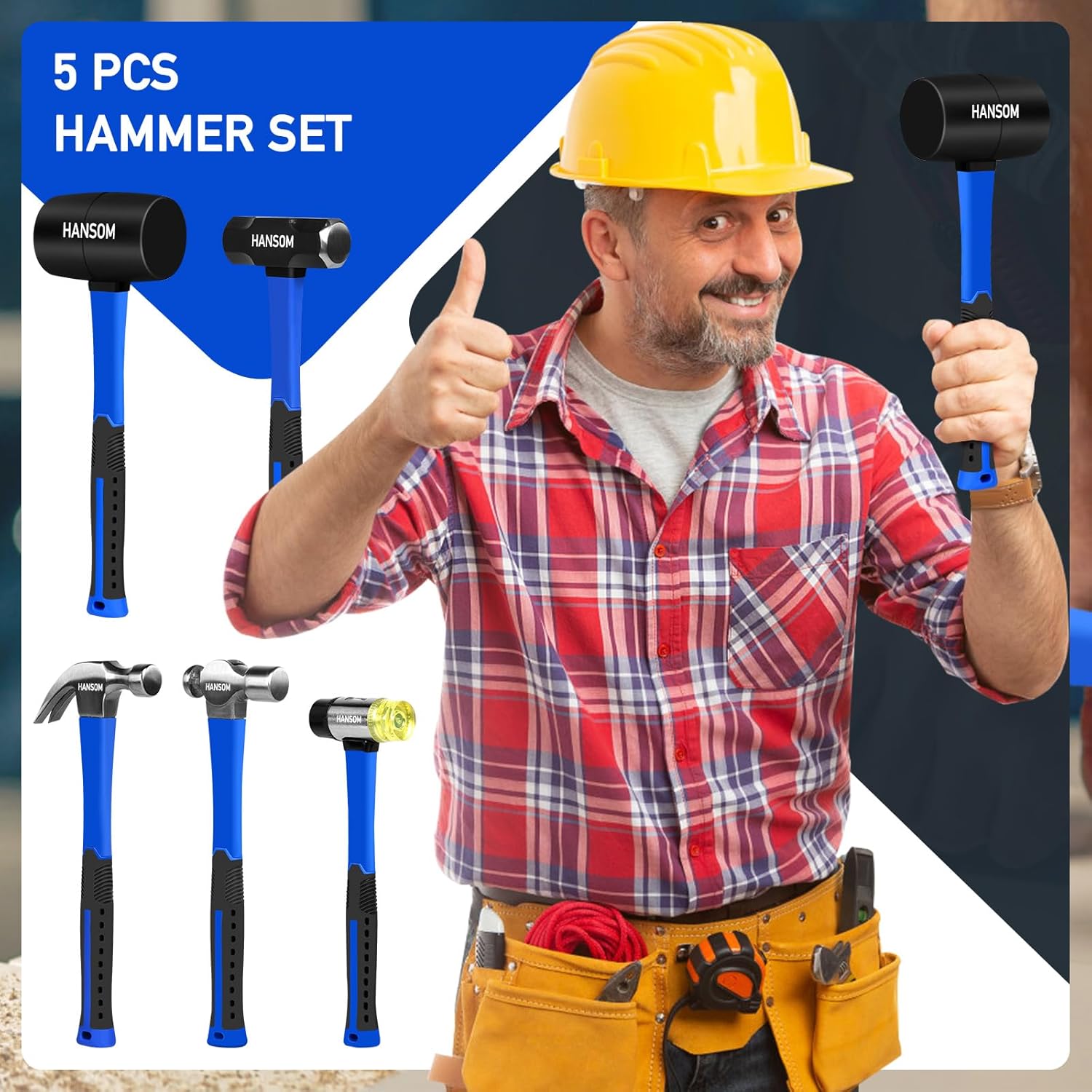HANSOM 5-Pack Hammer Set,Rubber Mallet 32oz, Double-Faced Mallet 22oz,16oz Claw Hammer,16oz Ball Peen Hammer,3lb Sledge Hammer,Ergonomic Handle - Image 6