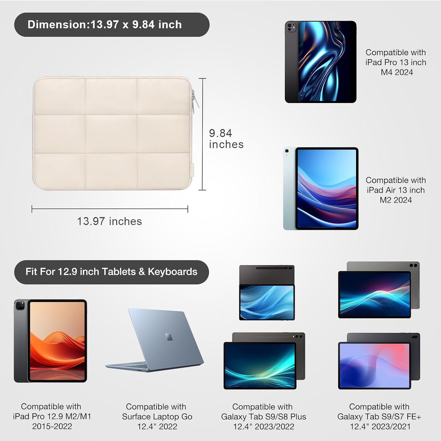 MOSISO 12.9 inch Tablet Sleeve Case for iPad Pro 13 M4 & iPad Air 13 M3 M2, iPad Pro 12.9 M2 M1 6/5th with Magic Keyboard&Smart Keyboard Folio, Rectangle Quilted Puffy Carrying Case, Sand