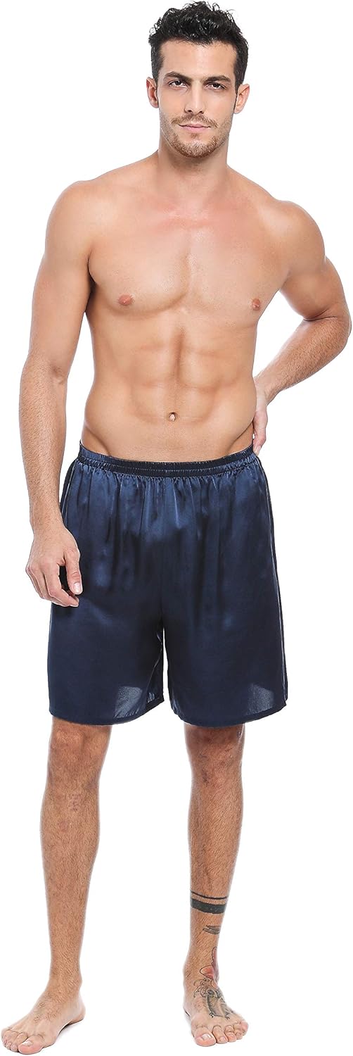 LEPTON 19mm Mulberry Silk Shorts for Men, Silk Boxers Sleepwear, Relaxed Fitness Wear, Front Pockets, Elastic Waist - Image 3