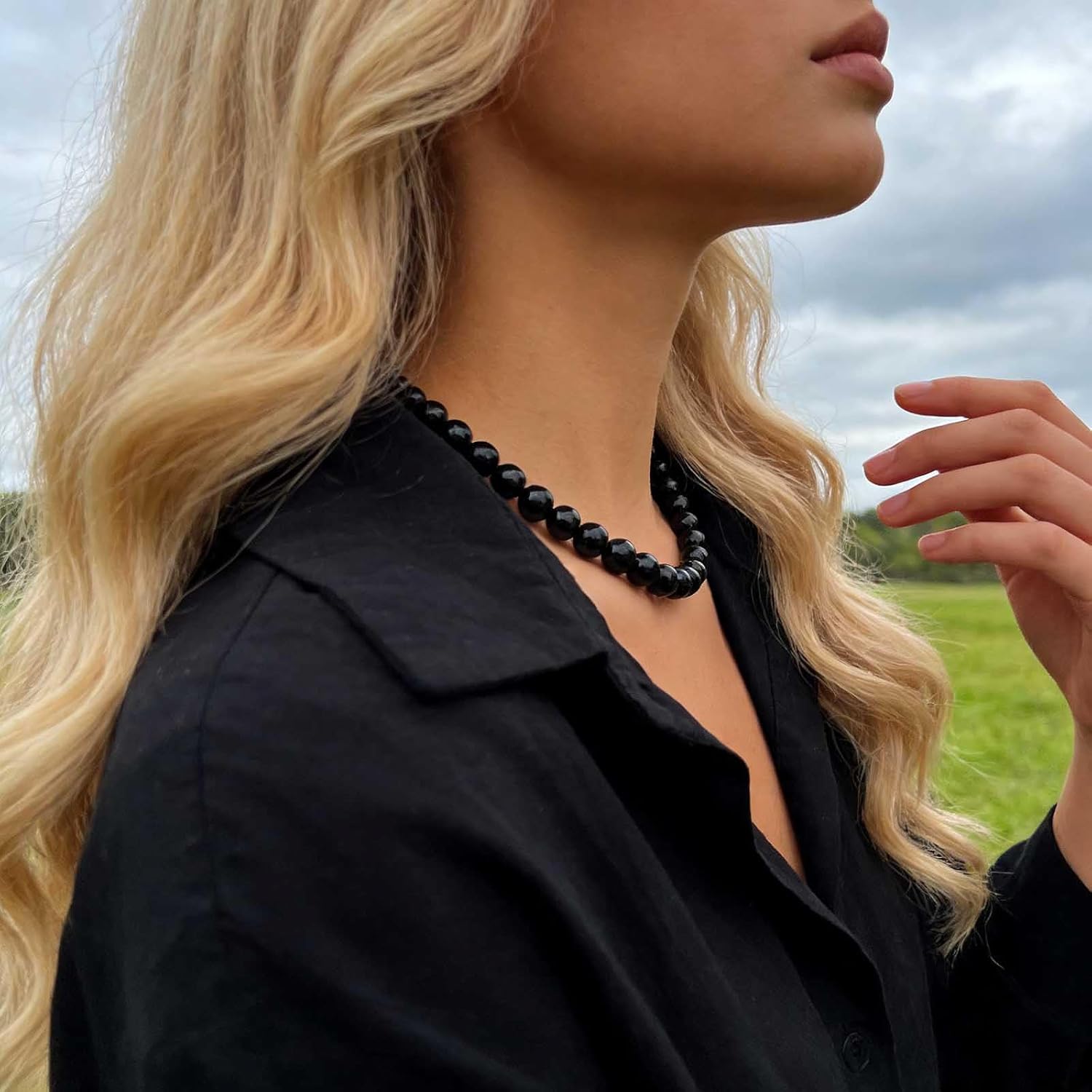 Boho Black Bead Necklace Black Onyx Beaded Necklace Vintage Beads Strand Choker Necklace Adjustable Ball Bib Collar Necklace Jewelry for Women - Image 6