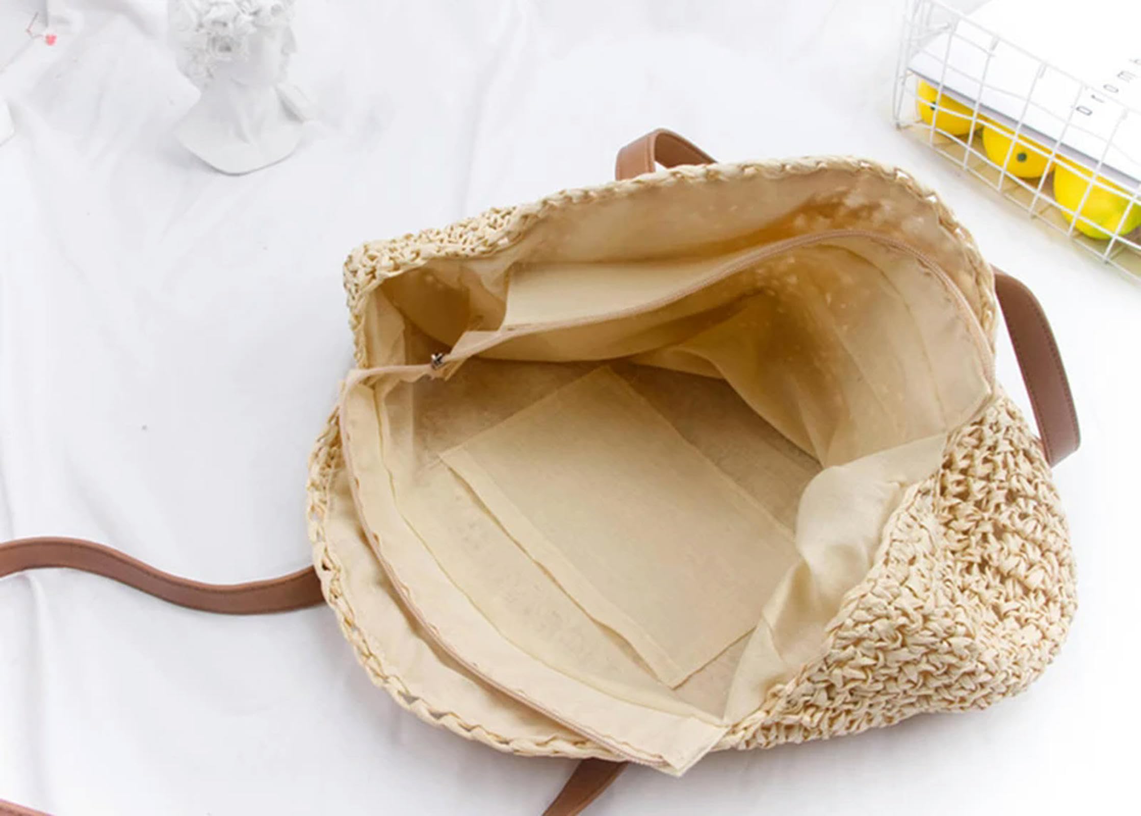 strohtaschen Damen Runde Stroh Beach Bag Vintage Handgewebte Umhängetasche Rattan Tasche Sommer Urlaub Casual Bag-beige