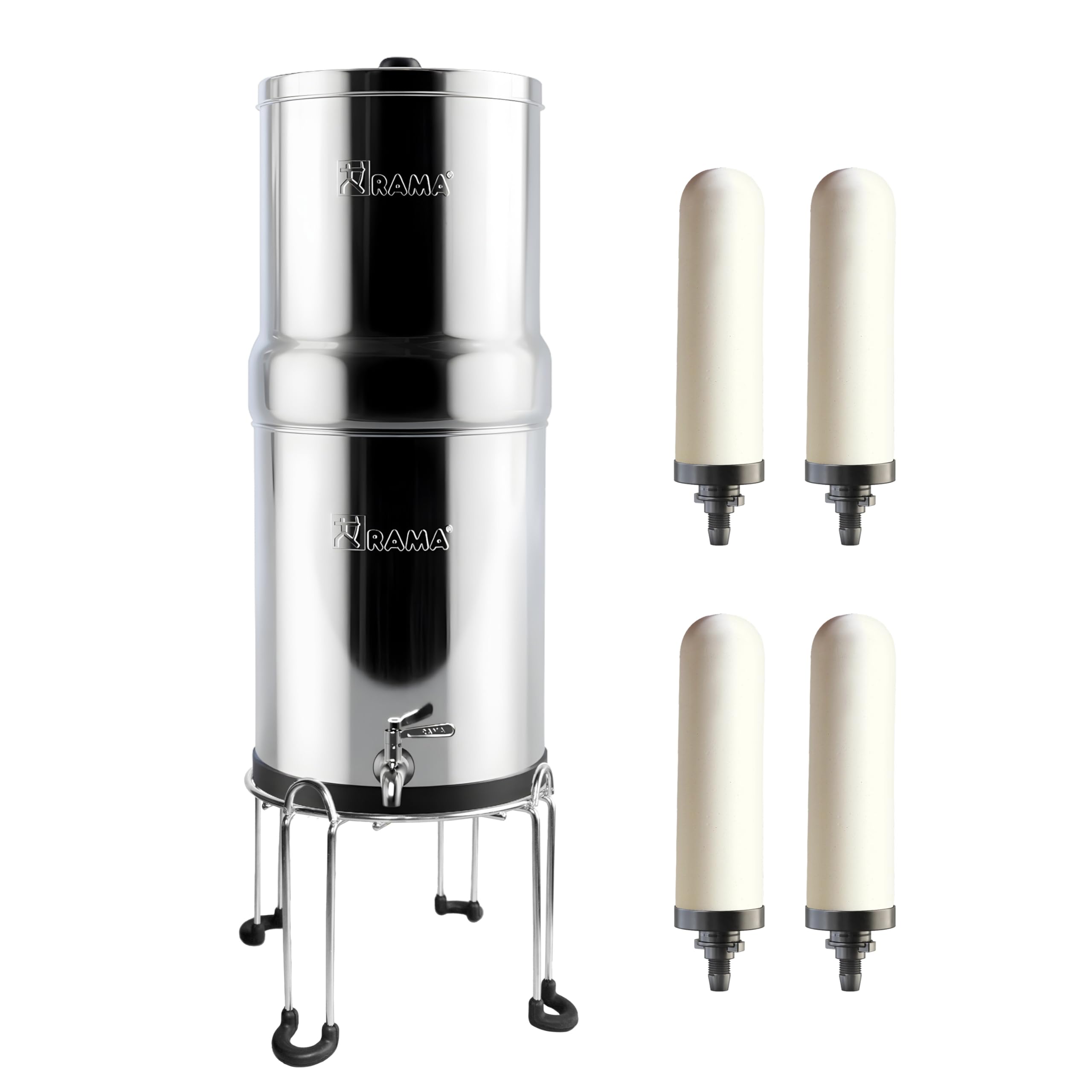 RAMA Gravity Water Filter | 24L Total Capacity (12L Storage) | 304 Stainless Steel Purifier for Home | Includes 4 Spirit 7" Ceramic Candles, Steel Tap & SS Stand | 10-Year Manufacturer Warranty