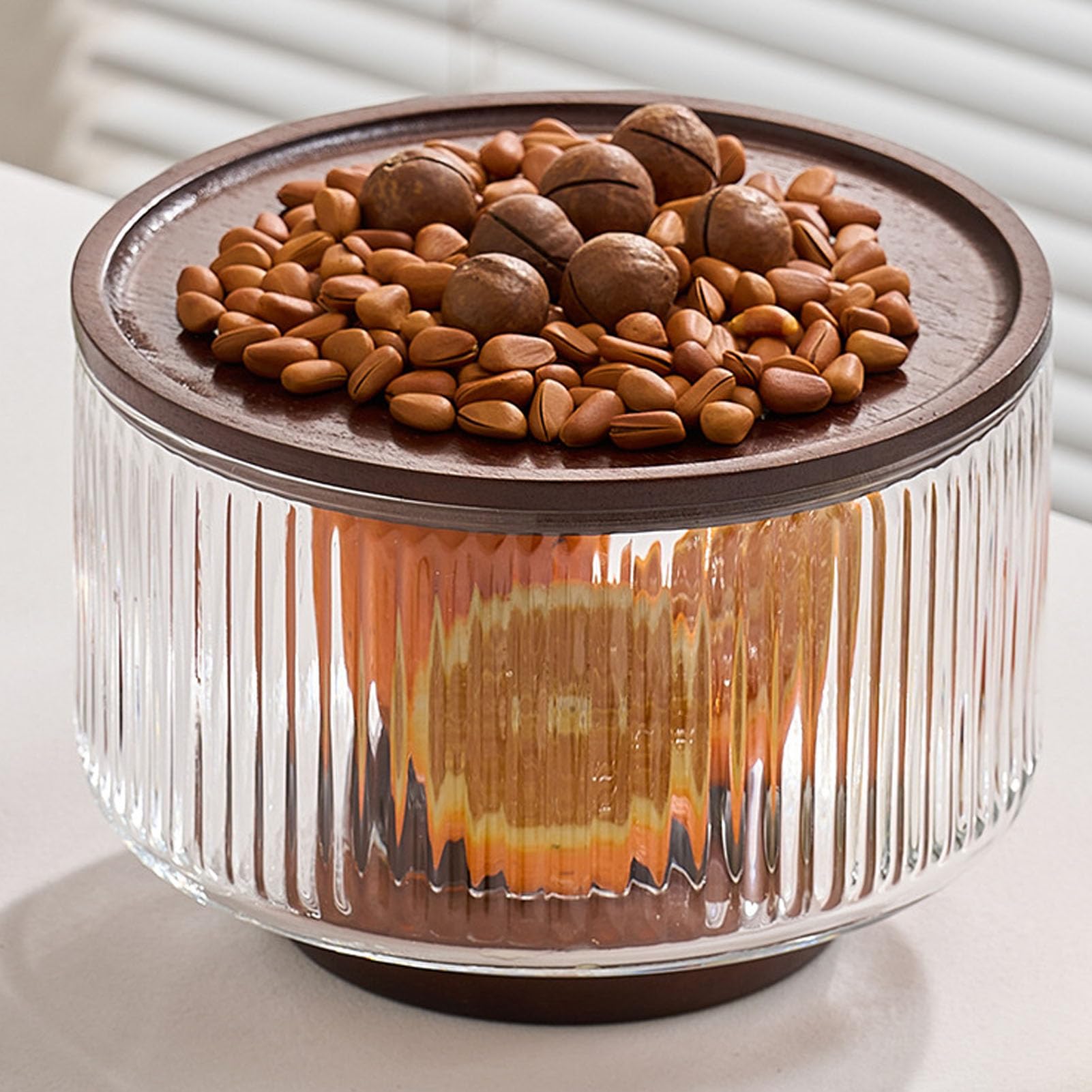 banapoy Ensaladera de Vidrio, Diseño Acanalado de Vidrio Transparente de 7.9 X 5.5 X 4.9 Pulgadas, Cuencos para Servir Ensaladas, Plato para Mezclar con Base de Madera y Tapa para Cocina, Postre,