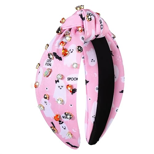 Miniatura 5 de Diademas de Halloween para mujer, color morado, naranja, negro, cristal adornado, diadema anudada, diadema ancha de Halloween, accesorios para el