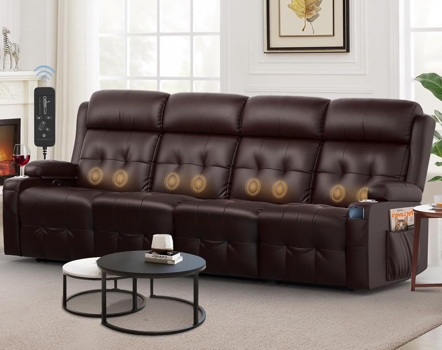 Reclining Couch, 113" PU Leather Sofa Recliner with Massage - 4 Seat Home Theater Seating Comfy Soft, Manual Wall Hugger Reclining with Lumbar Support Sofa Set for Family Living Room, Brown