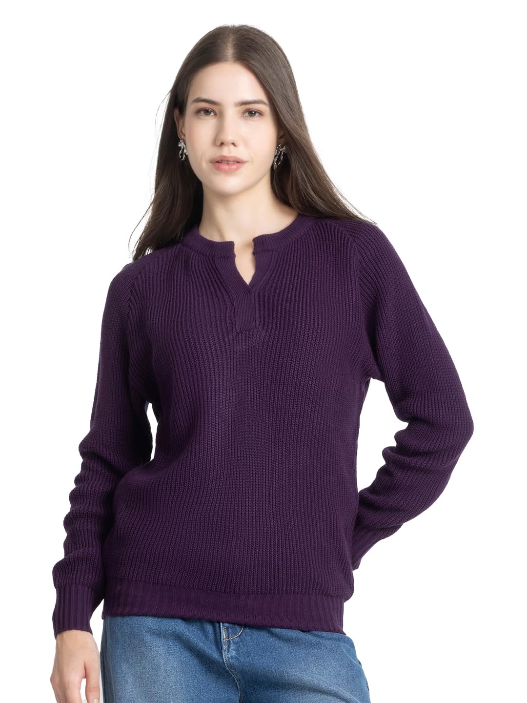 Henley Neck Purple Solid Long Sleeves Knit Sweaters for Women-image-2