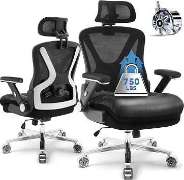 750lbs Ergonomic Office Chair,Upgrade Big and Tall Office Chairs for Heavy People,Mesh High Back Desk Chair with 5D Flip Arms Large Wheels,Adjustable Headrest & Lumbar Support,Wide Chairs