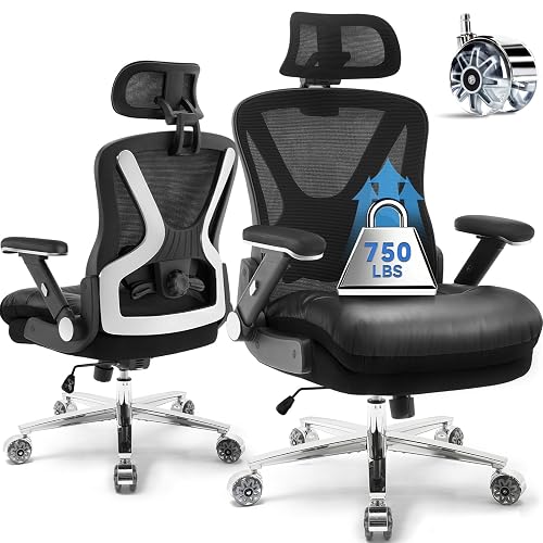 750lbs Ergonomic Office Chair,Upgrade Big and Tall Office Chairs for Heavy People,Mesh High Back Desk Chair with 5D Flip Arms Large Wheels,Adjustable Headrest & Lumbar Support,Wide Chairs - Black - Silent X5 Wheels