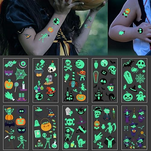 10 hojas de tatuajes temporales de Halloween, esqueleto, calabaza, bruja, resplandor, calcomanías luminosas para niños, recuerdos de fiesta de