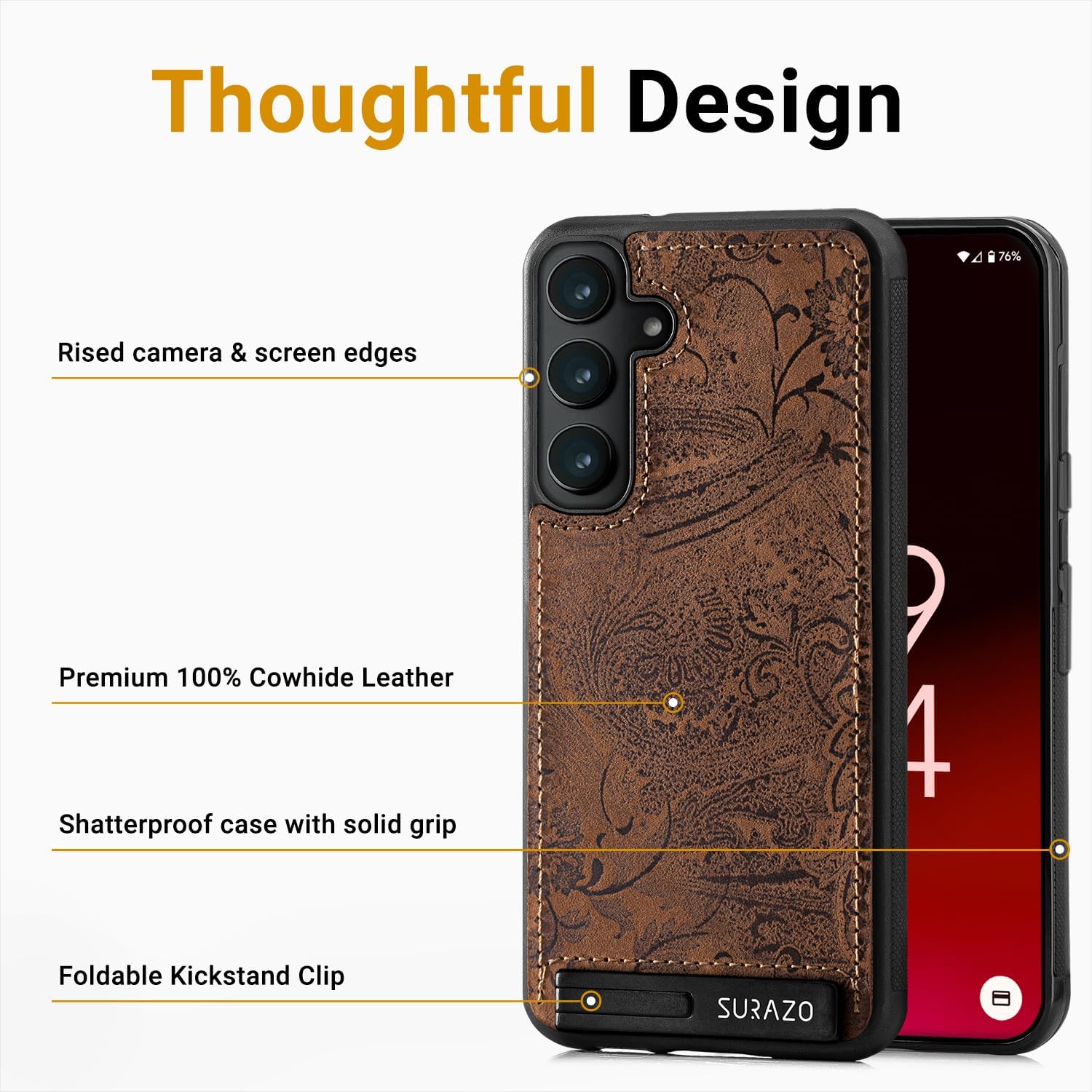 SURAZO Premium Genuine Leather Back Case for Samsung Galaxy S24 Case - Shockproof Leather Mobile Phone Case Cover [Stand Function, Keychain] Floral Slim Bumper Protective Case (Ornament Brown)