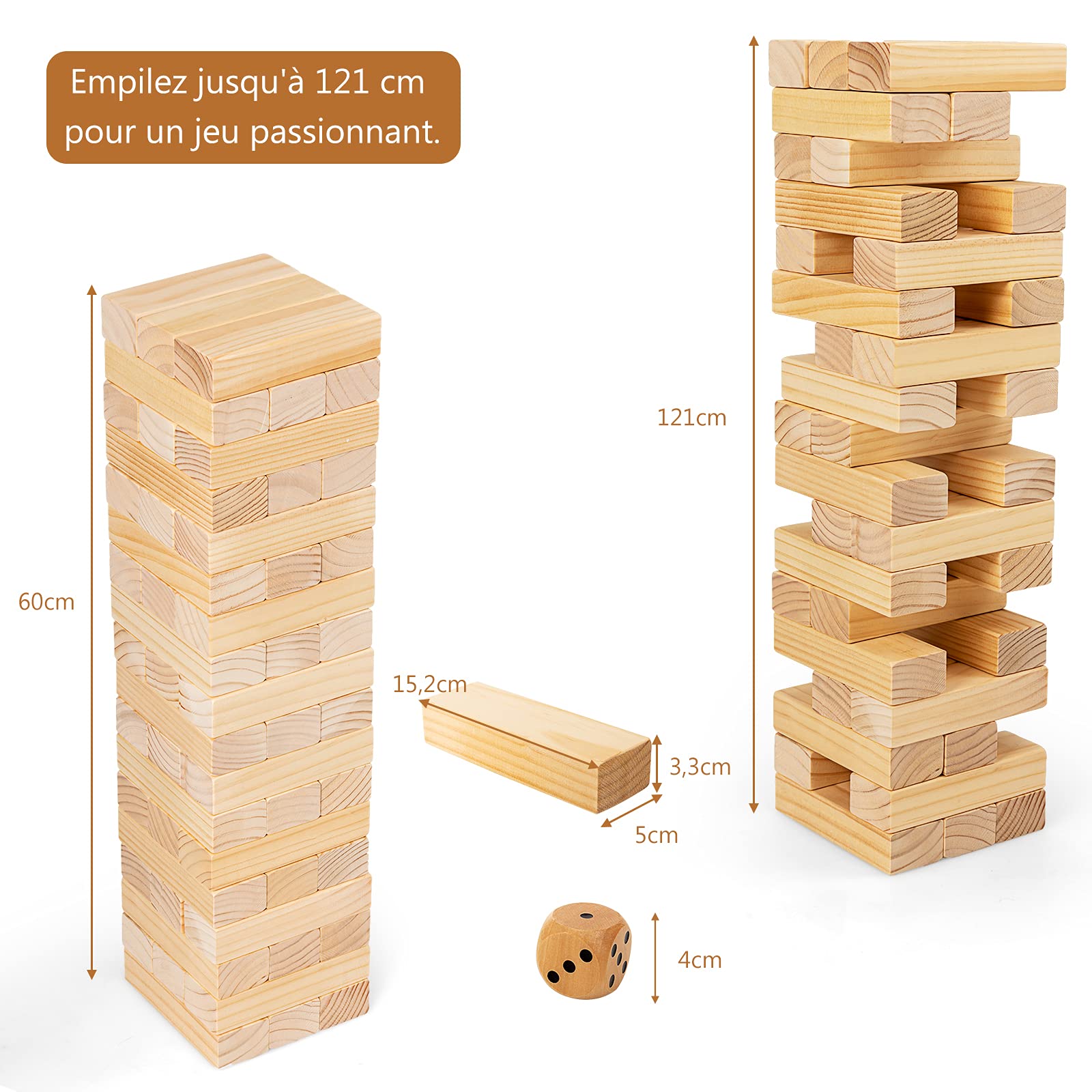 RELAX4LIFE Jeu d’Empilage avec 54 Blocs en Bois, Tour Infernale d’Équilibre, Jouet de Société et d’Adresse, Jeu Éducatif pour Enfant 3+Ans, Dé et Sac de Rangement Livrés Idéal pour Fête