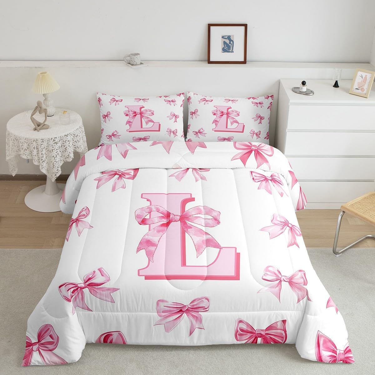 Erosebridal Initial Letter L Comforter Set for Kids Teen Women,Pink Bow Girls Twin Bedding Set Kawaii Girly Bowknot Bedding Comforter Sets Princess Style Romantic Bow Quilt Duvet